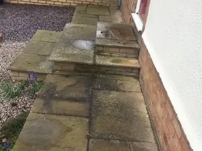 Stone patio steps dark with algae before cleaning