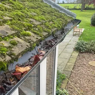 Moss growing along a gutter above a conservatory before clearing