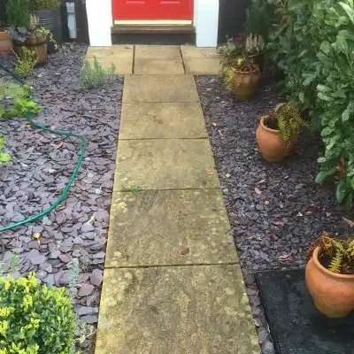 Garden path slabs stained green before cleaning