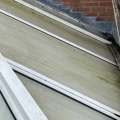 Conservatory roof panels with green streaks before cleaning