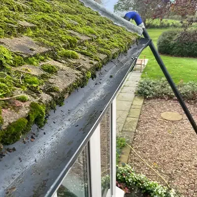Gutter vacuum pole clearing moss from a gutter above a conservatory