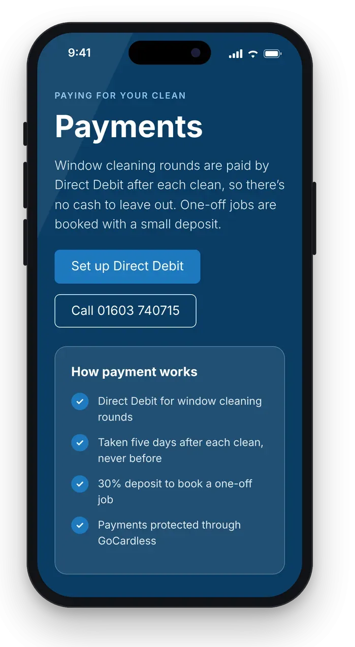 The We Clean Windows UK website on a mobile phone